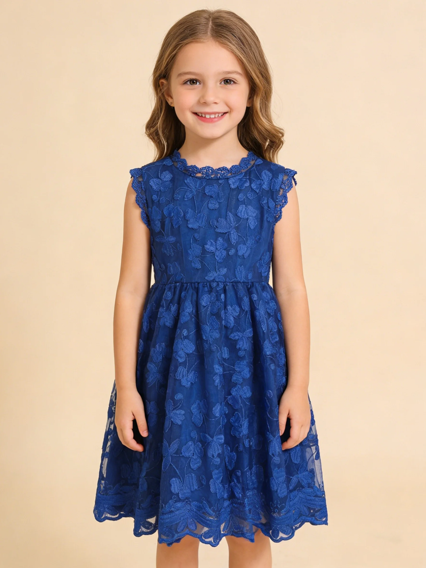 

Summer Girl's Trendy Sleeveless Flower Embroidery Princess Dress Party Gown Lace Tulle Skirt Dress