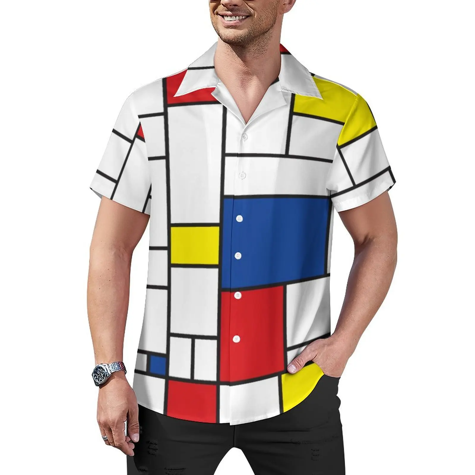 

Retro Plaid Beach Shirt Geometric De Stijl Modern Art Summer Casual Shirts Men Trendy Blouses Short-Sleeve Comfortable Clothing