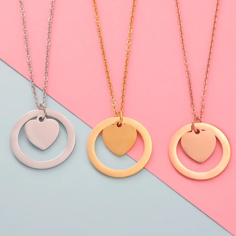 

10Pcs/Lot Mirror Polish Stainless Steel Heart Round Necklace Charm Women's Necklace Jewelry Clavicle Chain