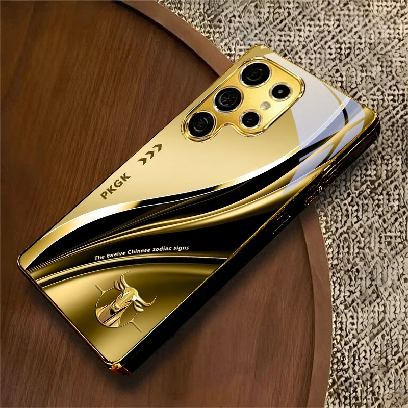 Gilded Zodiac Bull Electroplated Golden Phone Case For Samsung A23 A33 A53 A73 A14 A34 A54 A15 A35 A55 A06 A16 A36 Glass Cover
