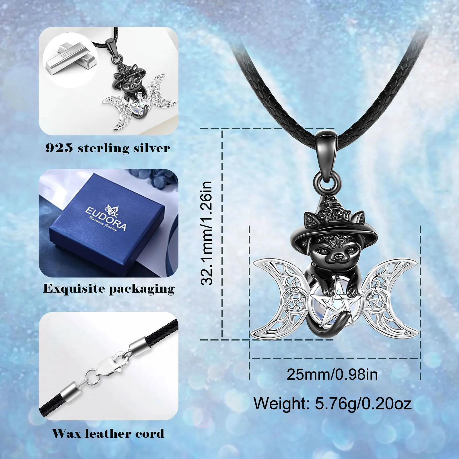 Eudora 925 Sterling Silver Witch Black Cat Necklace Pentagram Triple Moon Goddess Pendant Wicca Pagan Jewelry Gift for Women Men