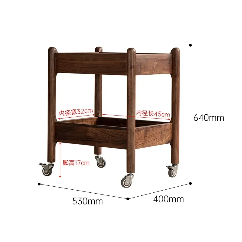 Multi Functional Mobile Side Table Trolley Solid Wood Edge with Wheels Dining Car Sofa Side Table Walnut Double-layer Storage