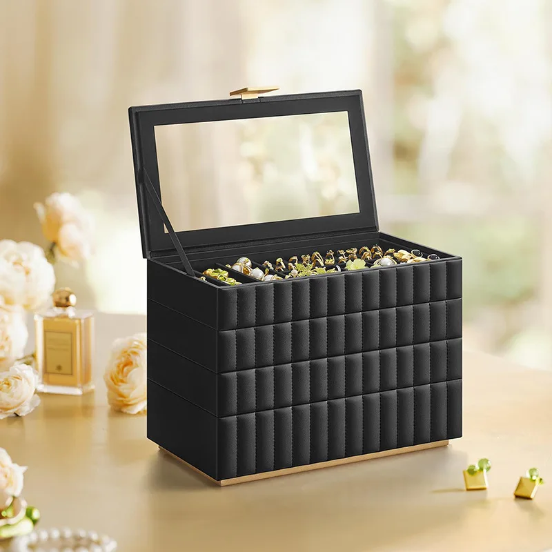 Luxurious four-story Jewelry Storage Case Unique Two Layer Jewelry Box with Mirror and Removable Compartments for Women