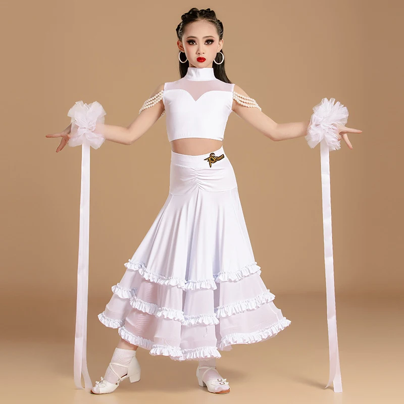 Vêtements de danse de salon pour filles, Costume de spectacle de danse Walrz, hauts en perles, jupe longue, vêtements de concours de danse de salle de bal BL14914