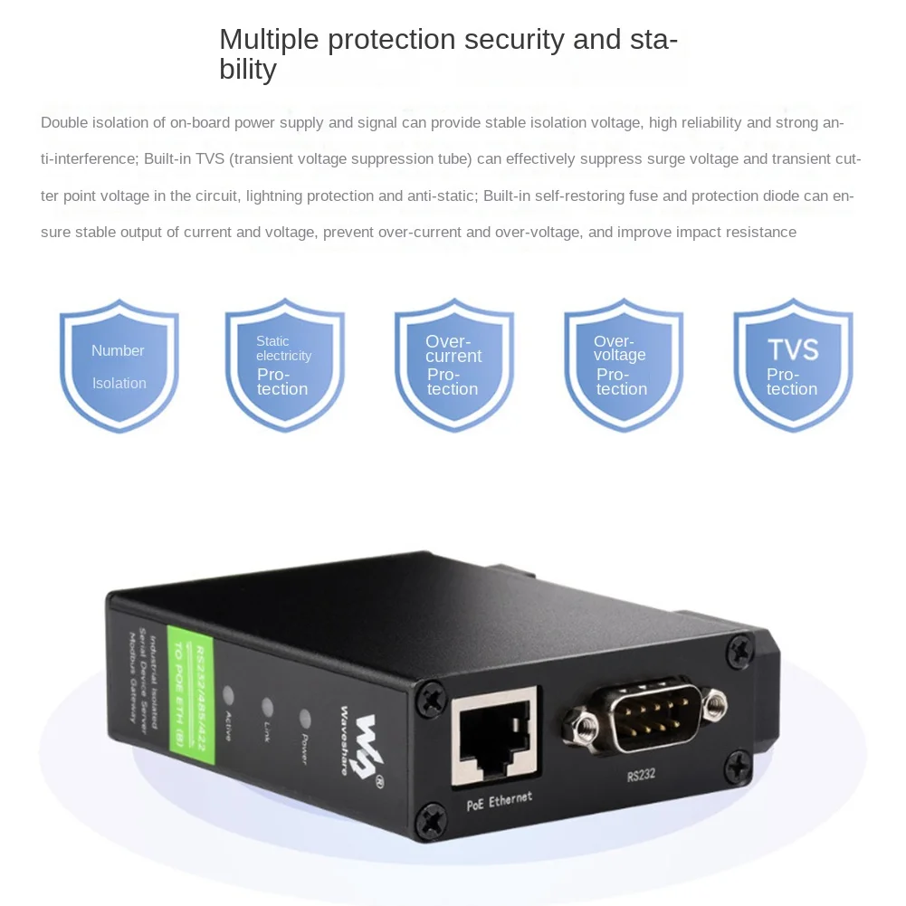 Waveshare Przemysłowy izolowany moduł Ethernet RS232/485/422 na RJ45 TCP/IP na moduł szeregowy typu szynowego Serwer szeregowy [z POE]