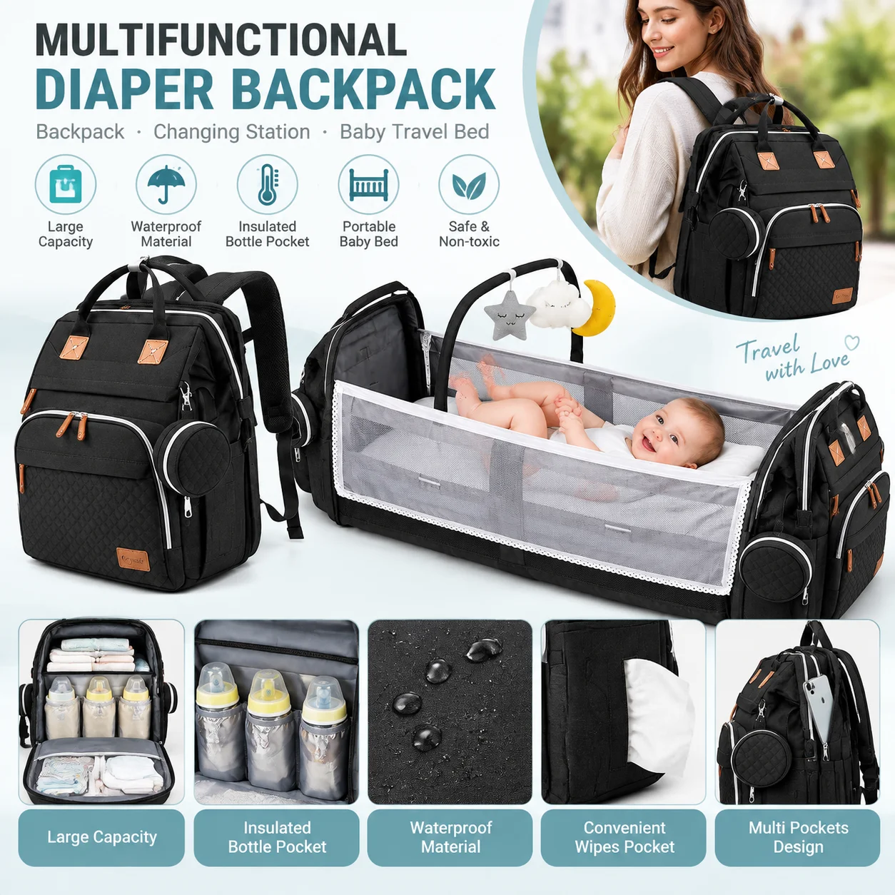 Borsa per mamme, borsa impermeabile per pannolini, zaino per mamme e papà con porta di ricarica USB, lettino portatile per bambini, culla da viaggio pieghevole, telo ombreggiante, fasciatoio.