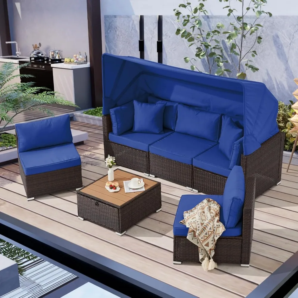 

6 Pieces Patio Furniture Set,Outdoor Sectional Sofa Set with Retractable Canopy,Patio Conversation Sets with Adjustable Backrest