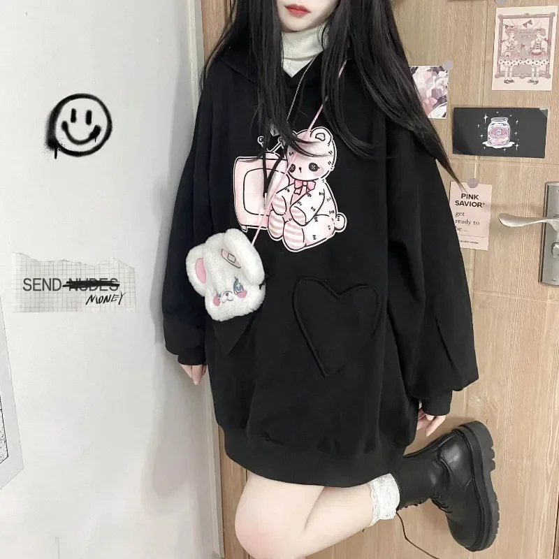 Hooded Japanese Cartoon Bear Kawaii Sudadera Loose Preppy Style Autumn Sweatshirts Black Long Sleeve Women Y2k Sweet