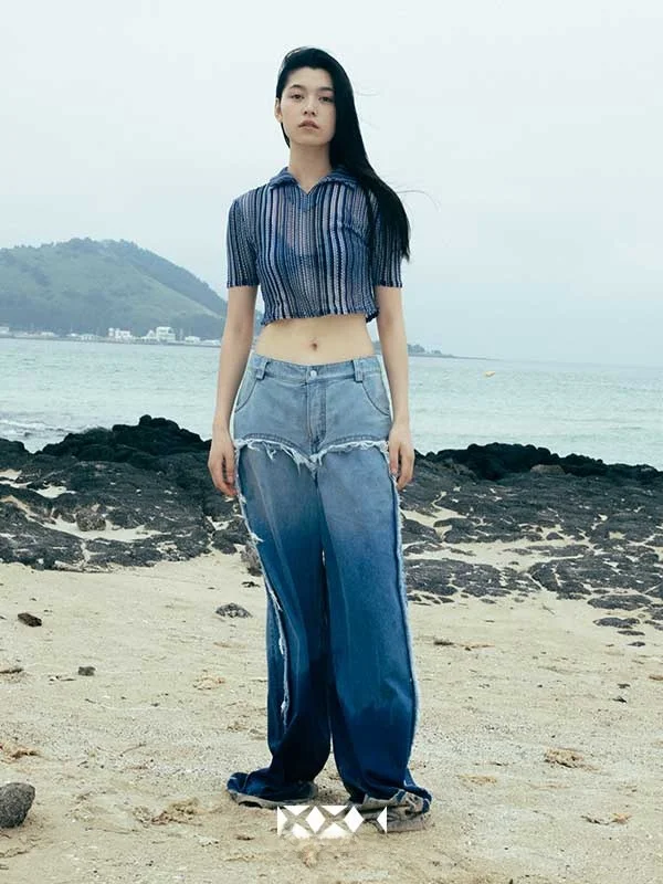 

Gradient Color Hollow out Shirt And Denim Jeans Women's Fashion Spring Summer Autumn Natural Waist Jeans Deep to Light