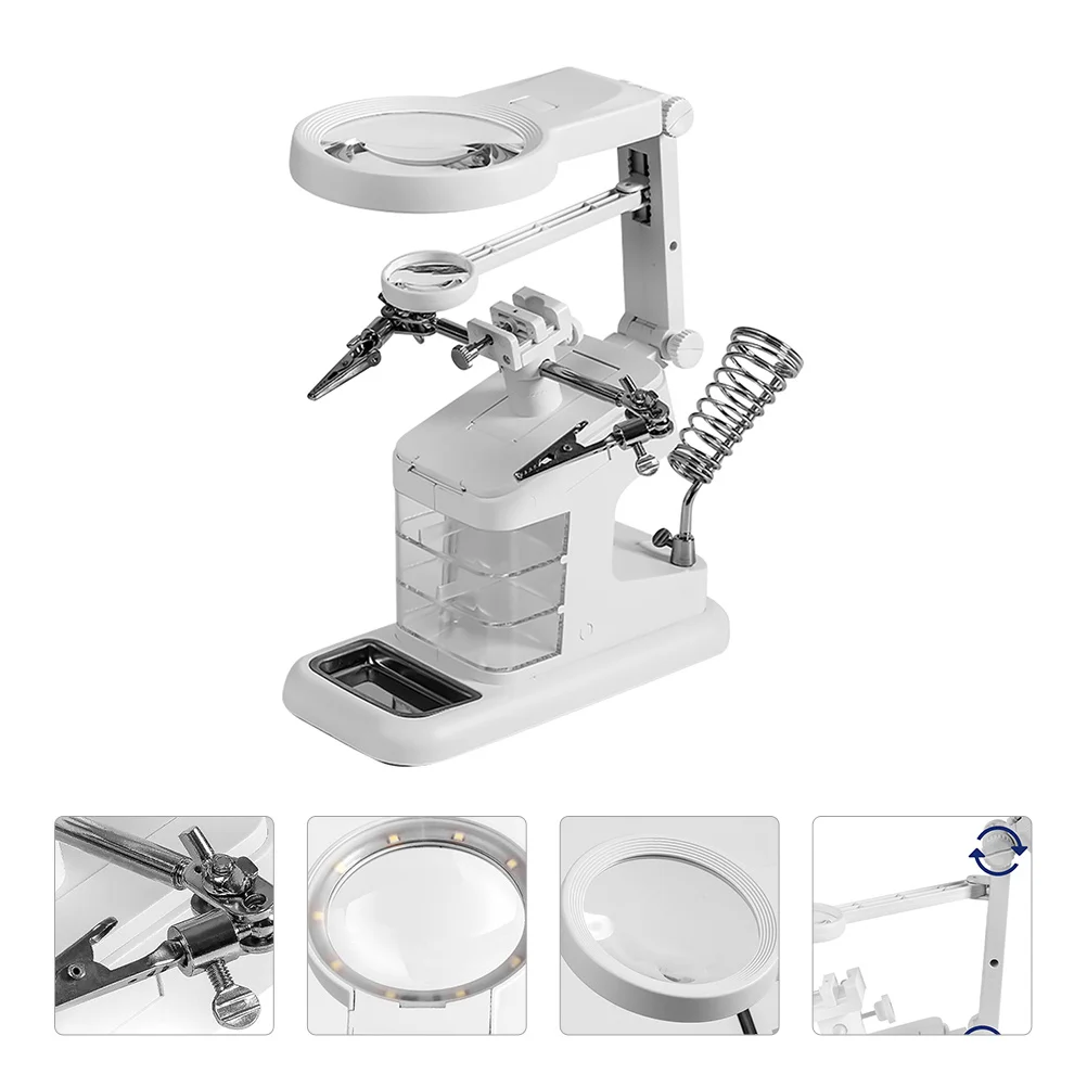 

Led Soldering Station With Magnifier 10 Led Adjustable Helping Hands Alligator Clips Iron Stand Metal Tray 3 Tool Boxes For Diy
