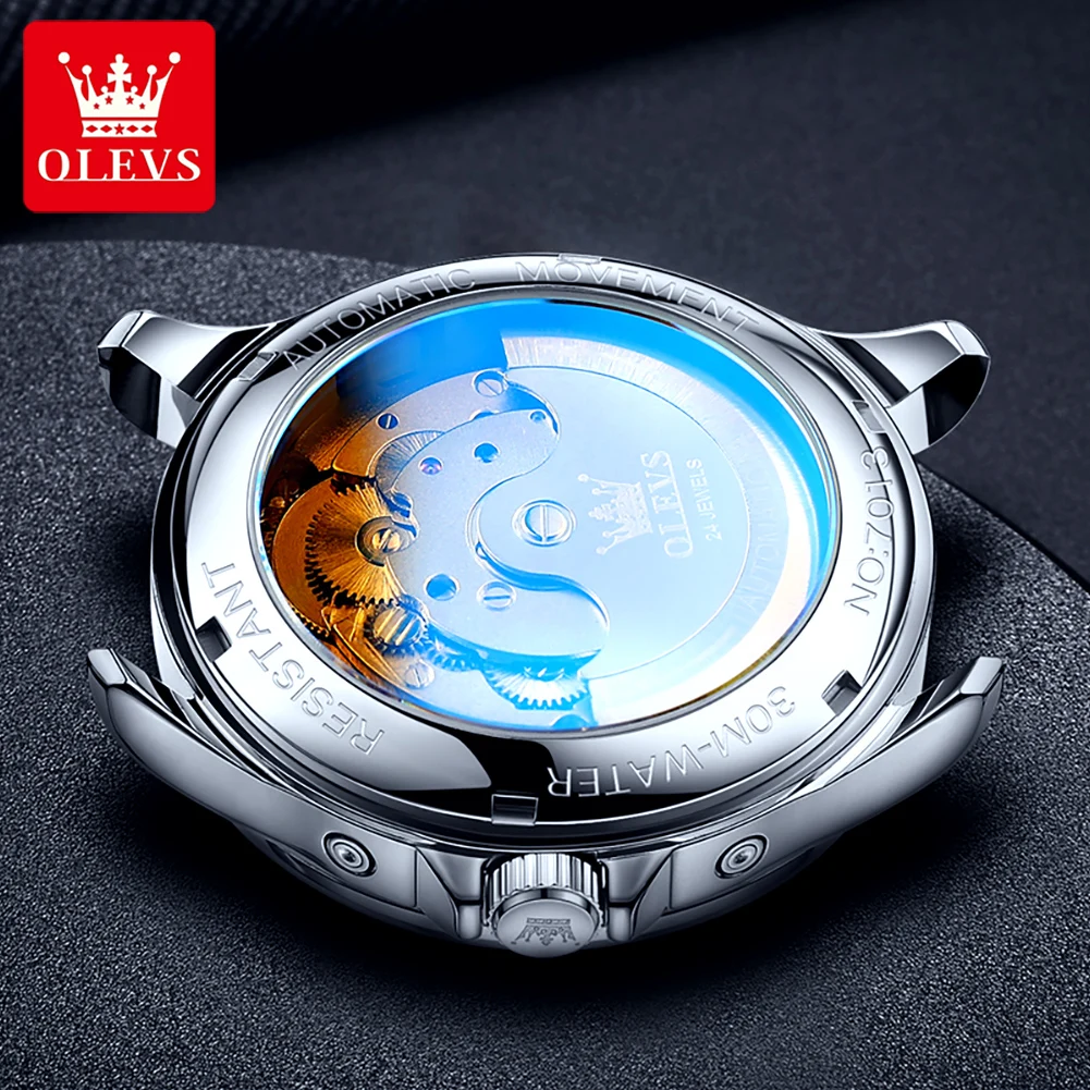 Olevs Merk Luxe Tourbillon Horloge Voor Mannen Roestvrij Staal Waterdichte Kalender Mode Maan Fase Mechanische Horloges Heren