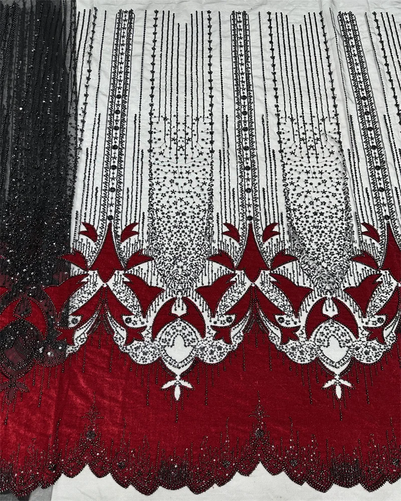 

African Velvet Tulle Lace Fabric French 2025 Luxury Sequins Beads Mesh Lace Fabric Nigerian For Woman Evening Clothes Dresses