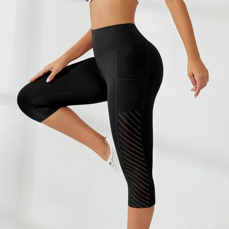 

Sport Shorts cropped pants Female Fitness Nudity High Waist Hip Lift Running Yoga Side Pockets Tights Quick Dry Gym Sportswear