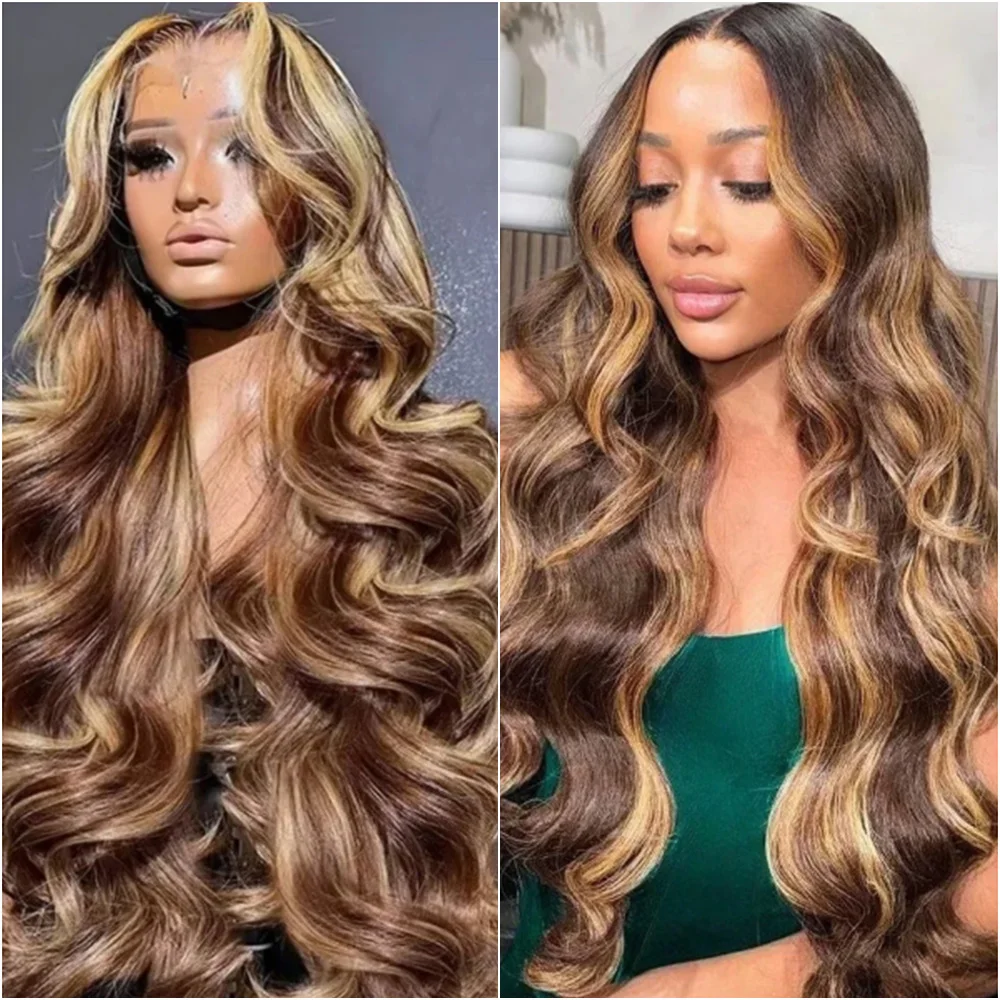 

Парик с кружевной передней частью из натуральных волос, 220% плотность, волнистый, с цветными прядями P4/27, HD кружево 13x4/13x6, 30-40 дюймов, предварительно прорезанный