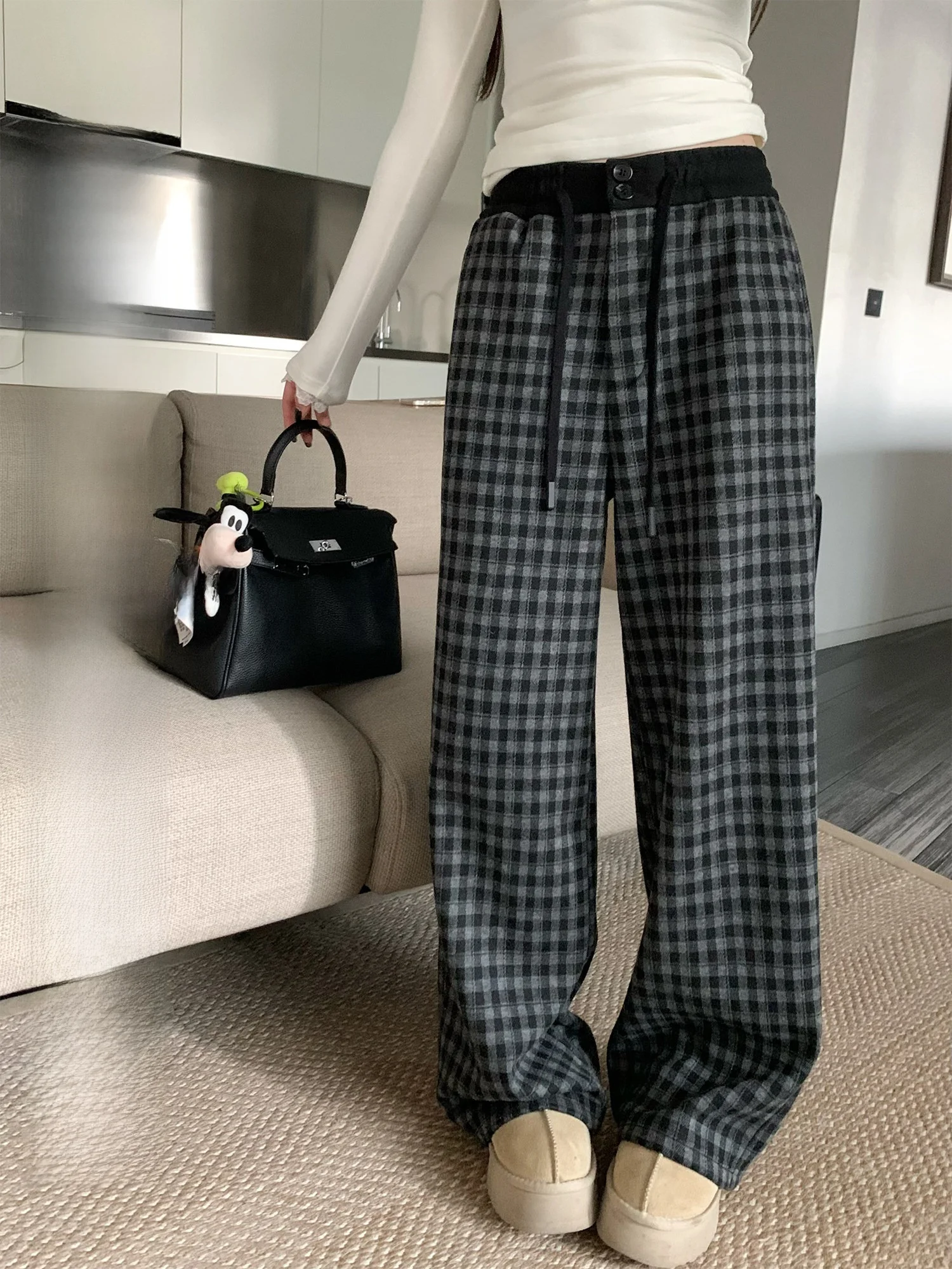 

Hhi Retro Dstring Fce Lined High Waist Wide Leg Pants Women's Casual Trousers Bla White id Sle Winter Slimming