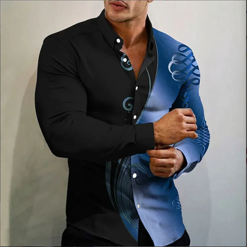 قميص رجالي رفيع ومريح بأكمام طويلة، قميص فاخر بأكمام طويلة بنمط طباعة رخامية هندسية ثلاثية الأبعاد لملابس ربيع الخريف