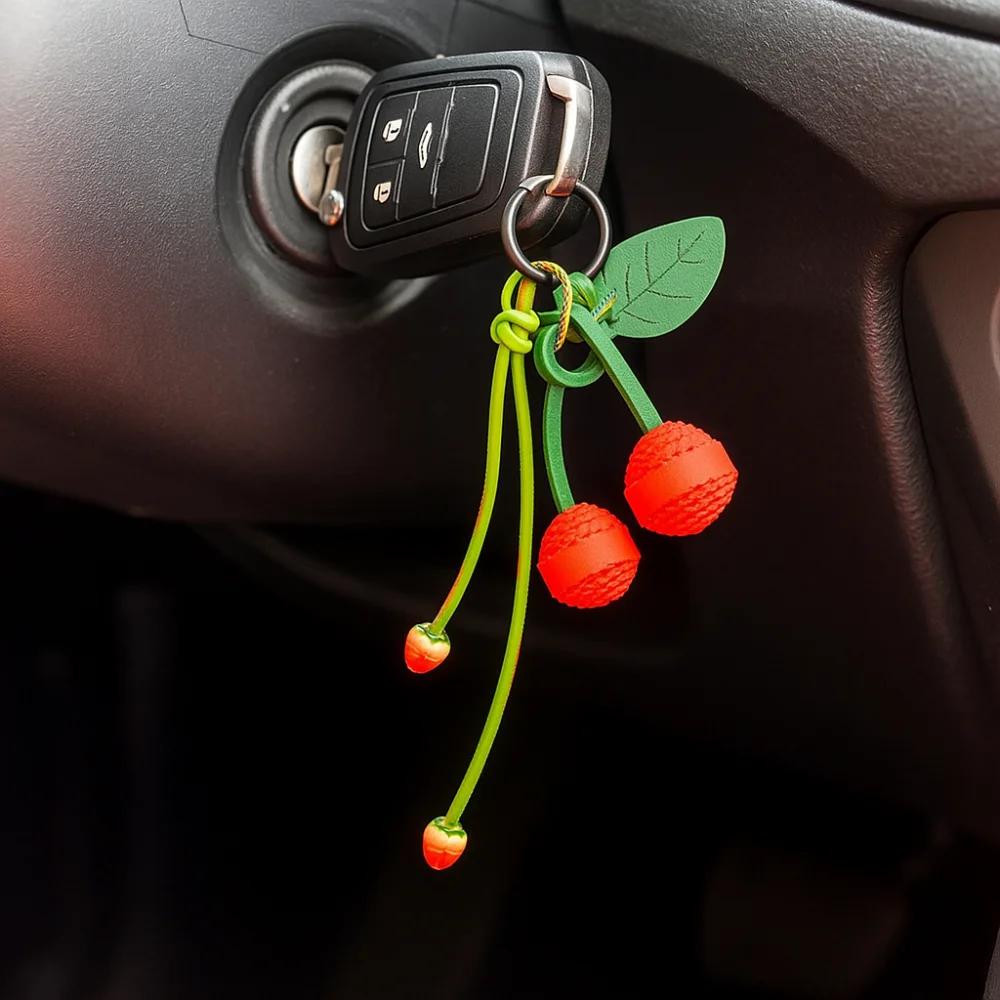 

Woven Flower Strawberry Bag Pendant Cherry Backpack Accessories PU Leather Pendant Car Keyring Braided Rope Fruit Keychain Men