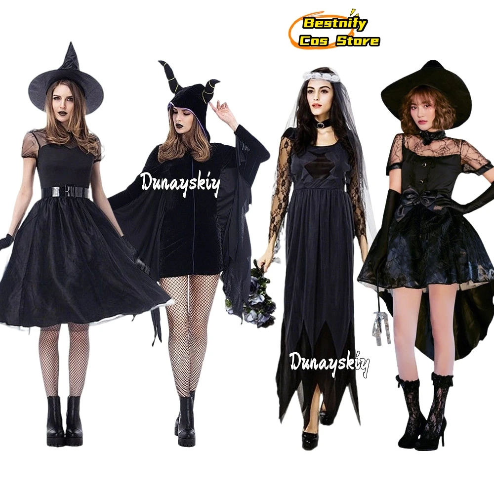 

Halloween Witch CosplayCostumes Adults Kids Parent-Child Black Witch Dress Uniform Women Girls Halloween Dress Up Party Outfits