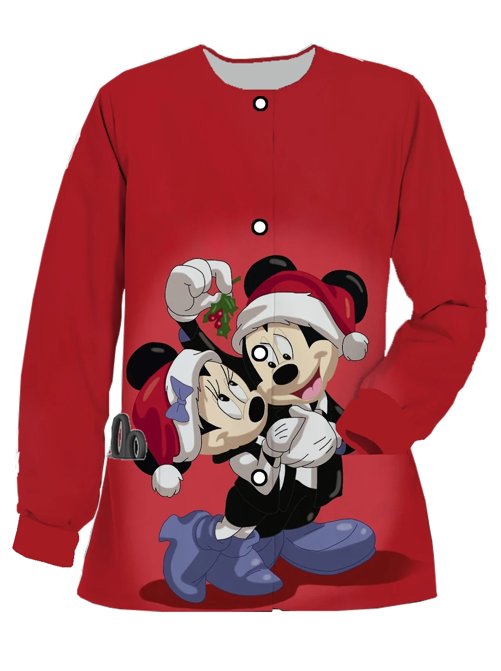 Christmas Frosted Printed Coat Top Women Long Sleeve Disney Mickey Minnie Overalls Pocket Nursing Frosted Medical Uniform