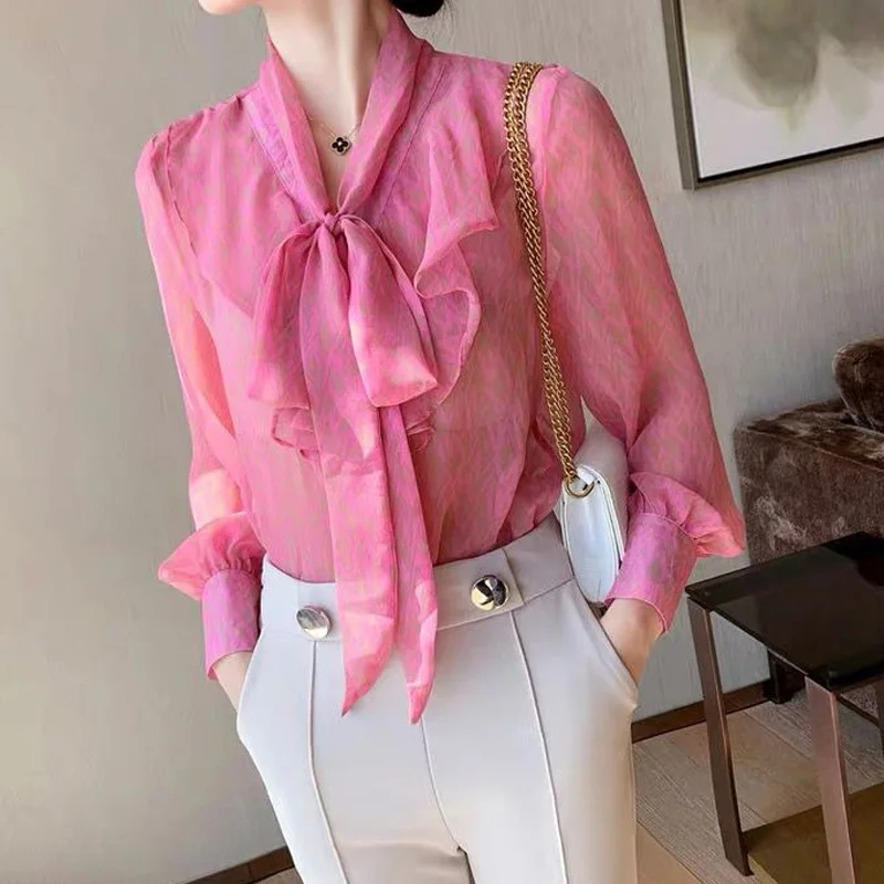 2024 New Elegant Long Sleeve Office Lady Shirts Ladies Solid Color Temperament Blouses Summer Loose Chiffon Women\'s Clothing