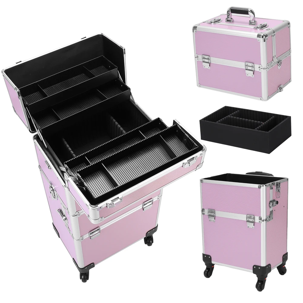 

3In1 Aluminum Cosmetic Makeup Case Makeup Travel Organizer Cosmetology Case, Aluminum Cosmetic Display Suitcase On Wheels
