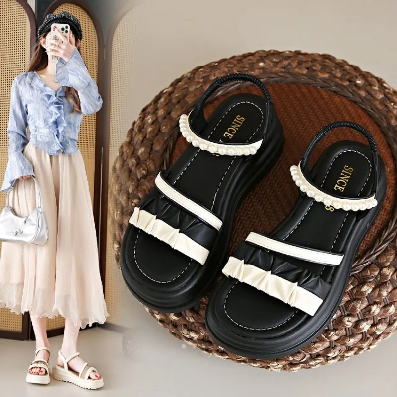 

Female Sandal Comfort Shoes for Women Clogs With Heel Cross 2025 Summer Muffins shoe Girls Beige New Velvet Thick Low Beach Fash