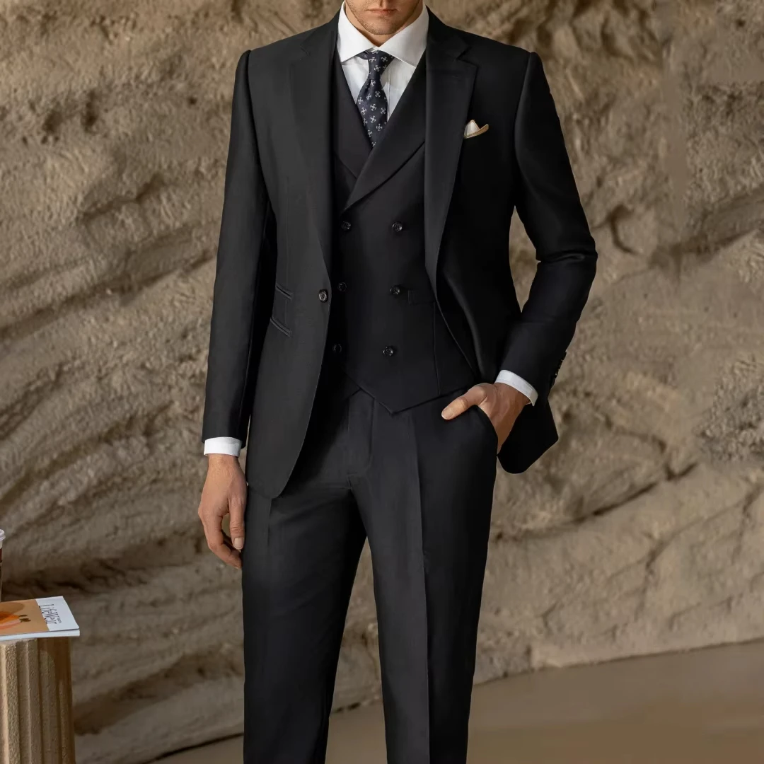 

Мужской костюм из 3 предметов, черный, с лацканами, однотонный, для свадьбы, банкета, вечеринки, выпускного, деловых встреч, офиса, работы, пиджак, жилет и брюки