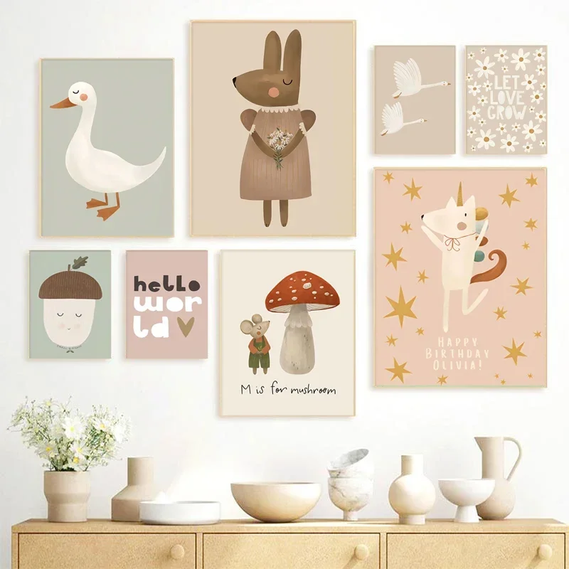 Baby Cute Animals Nursery Canvas Painting Nordic Rabbit Bird Geese Leopard Dog Posters Prints Wall Art Pictures Kid Room Decor