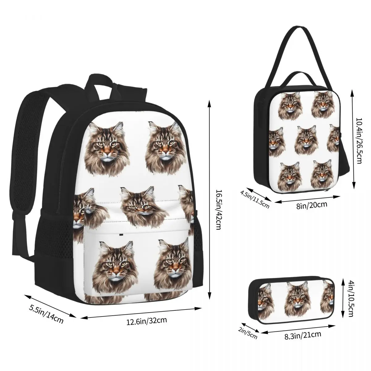 Maine Coon Cat Backpacks Kids Bookbag School Bags Rucksack Lunch Bag Pen Bag Three-Piece Set