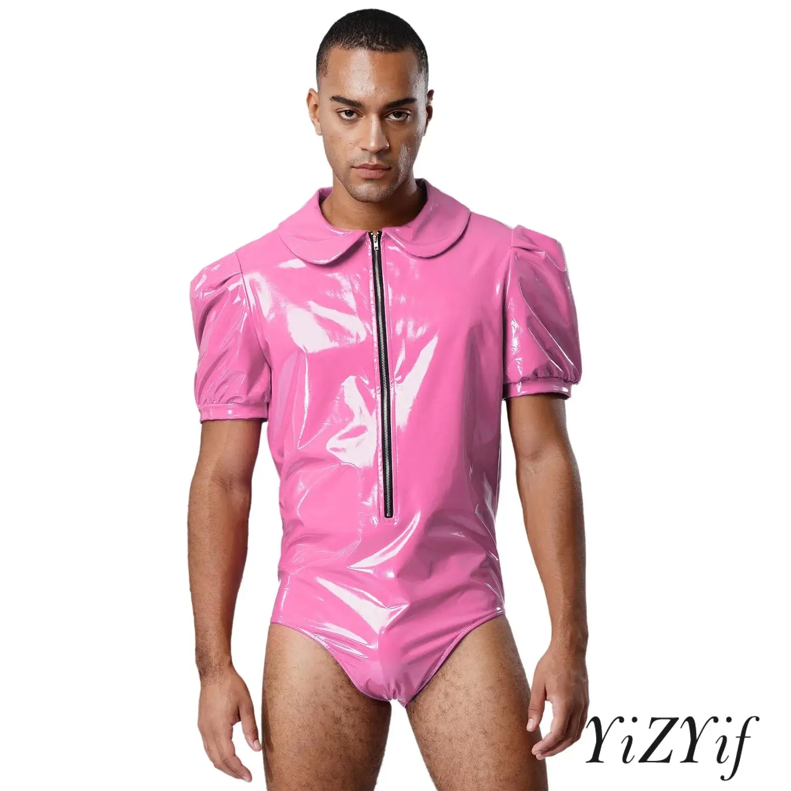 Rockstar bodysuit de couro falso masculino manga curta gola virada sexy renda decoração virilha botões snap clubwear festa traje