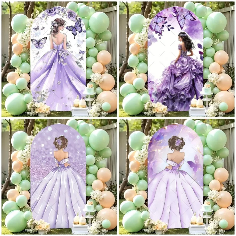 

Mis Quince Girl 15th Birthday Arch Backdrop Cover Purple Floral Butterfly Quinceanera Party Arched Wall Party Decor Background
