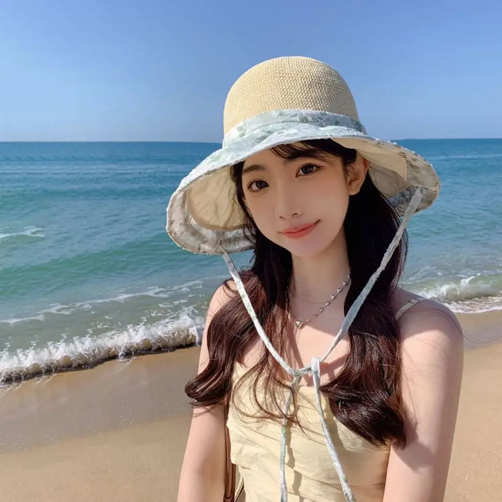 Spring Summer Straw Sun Hat French Style Drawstring Design Foldable Crossbody Bag Sun Protection Big Brim Seaside Beach Cap Lady