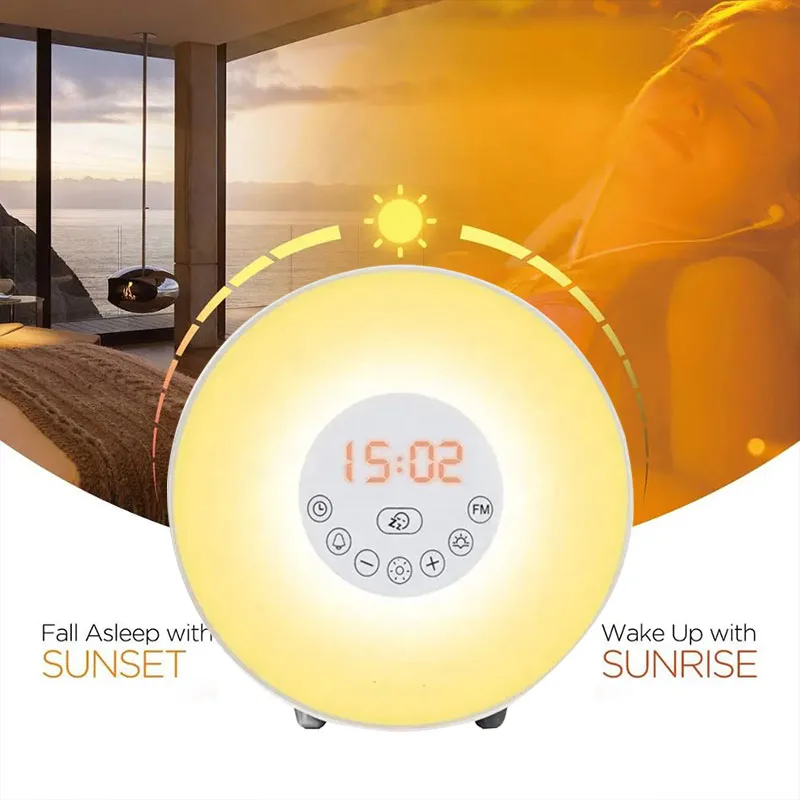 

2024 Best Selling Wake up Light Sunrise Alarm Clock for Kids Adults Creative Radio Nature Sound Alarm Clock Table Clock Lamp