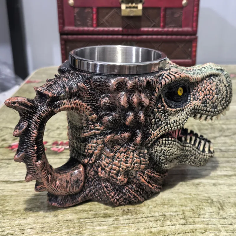 الإبداعية ديناصور القدح ثلاثية الأبعاد الديناصور ريكس الراتنج كوب مع بطانة من الفولاذ المقاوم للصدأ الجدة الجوراسي المنزل المطبخ زخارف للحانات