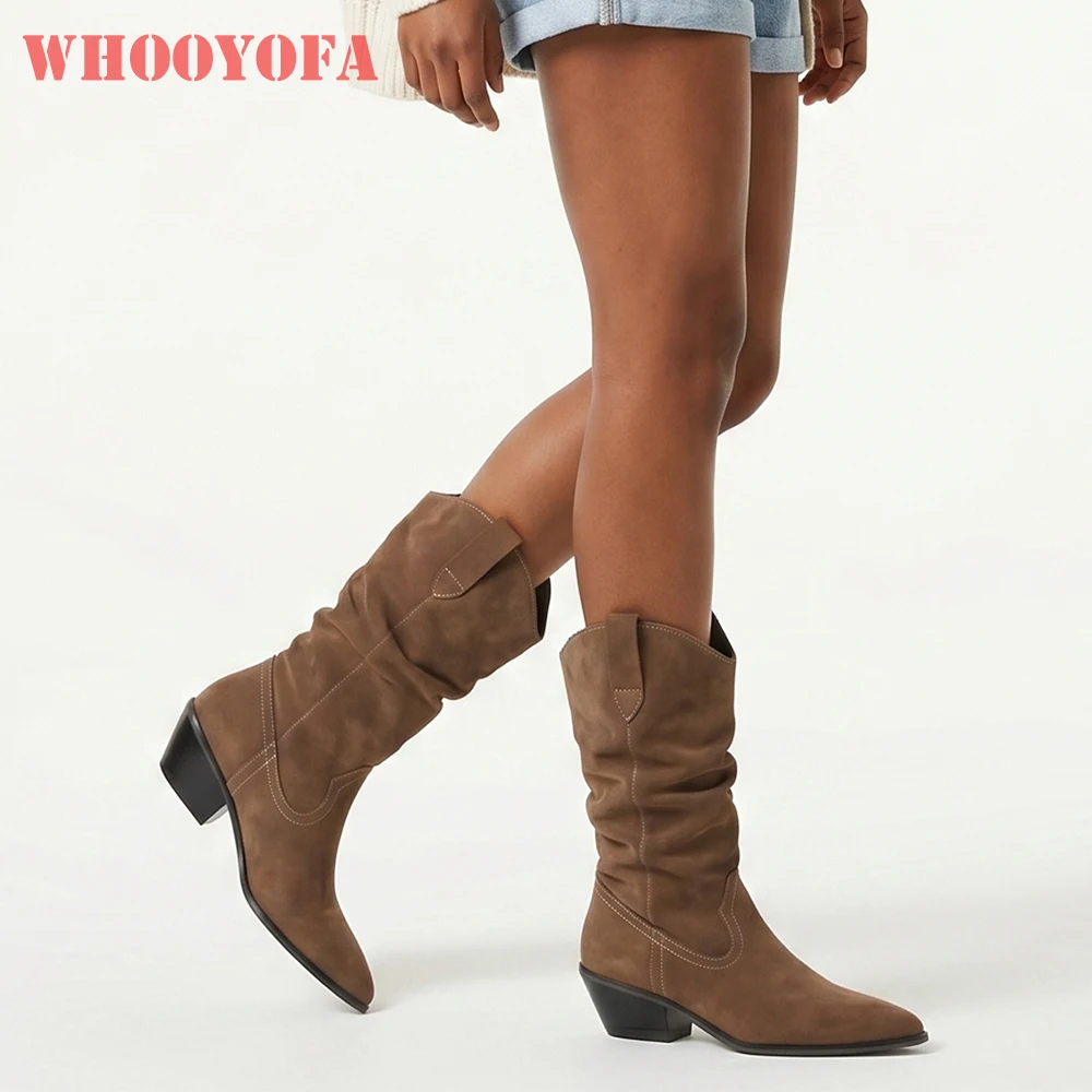 2026 Autumn Classic Women Mid Calf Boots Pointed Toe 5cm High Block Heels Wide Fit Lady Dress Shoes Large Plus Size 13 47 50