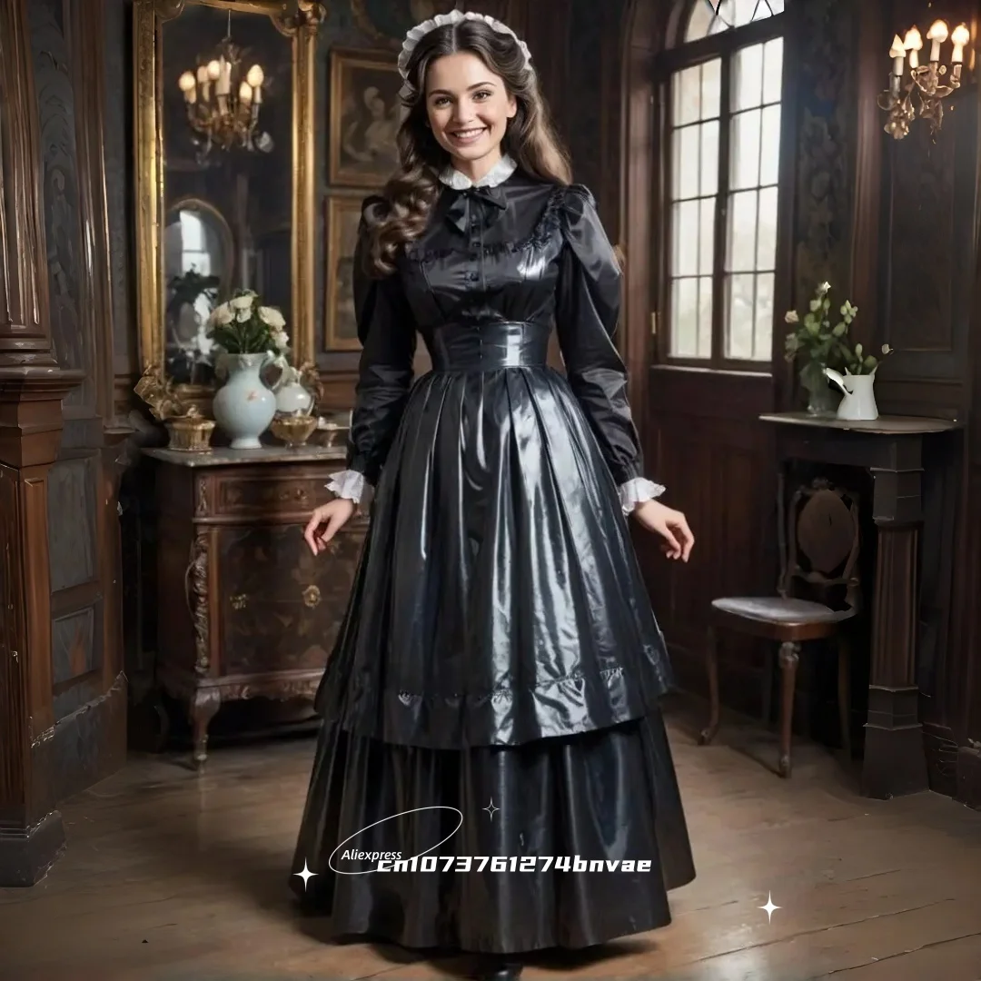 Schwarzes Viktorianisches Dienstmädchen-Ballkleid Glänzendes PVC Langarm-Kleid mit Rüschenkragen Vintage Historisches Kostüm für Cosplay-Partys Maßanfertigung