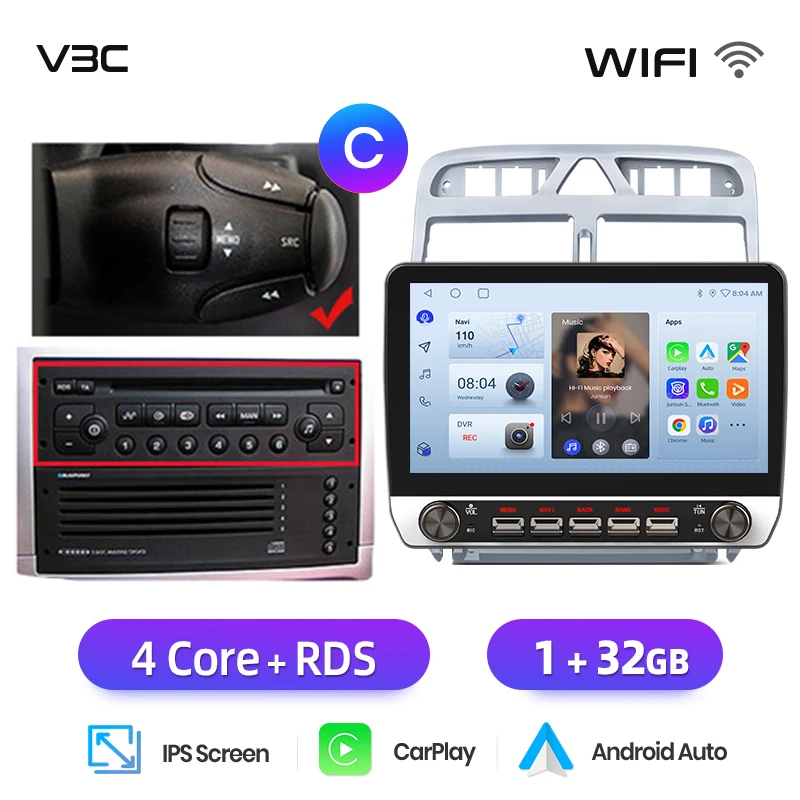 Junsun 10.1 "Draadloze Carplay AndroidAuto Autoradio voor Peugeot 307CC 307SW 2002-2013 radio met knoppen Bluetooth GPS 4G DSP