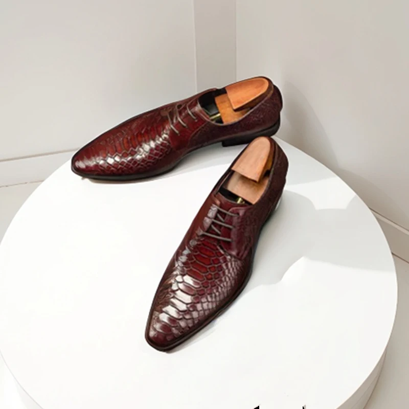

Dress Shoes Men Cow Leather Lace Up Brogue Shoes Snakeskin Pattern Pointed Toe Dress Business Wedding Footwear