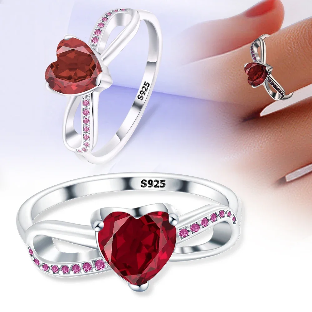 Romantic 925 Sterling Silver Sparkling Heart Red Stone Love Earring Ring Necklace  A Precious Gift for Confessing to Girls