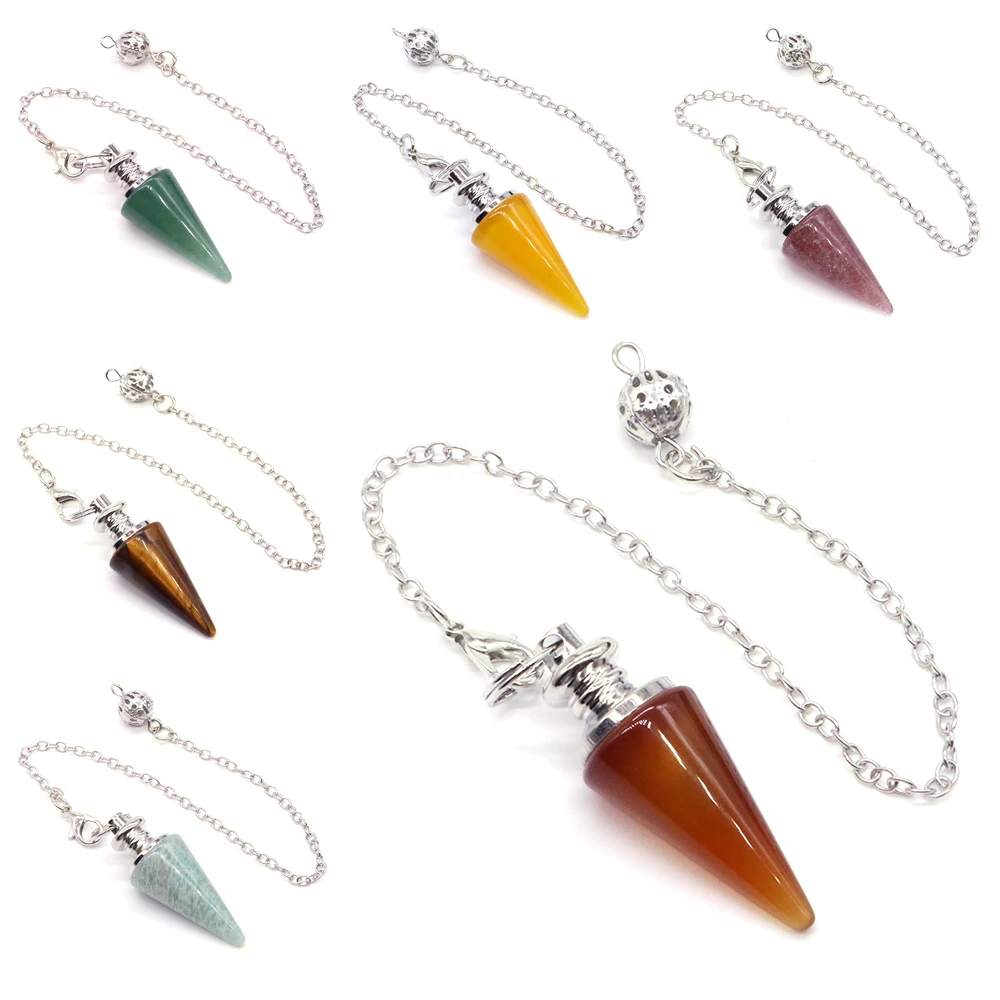 Natural Stone Conical Pendulum for Dowsing Spiritual Divination Healing Quartz Opalite Agate Jade Cone Pendants Necklace Jewelry