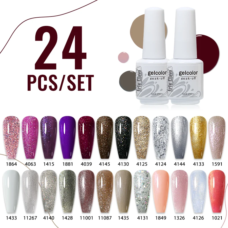 Arte Clavo 24-teiliges Nagel-Gel-Nagellack-Set, nackt, rosa, glitzernde Pailletten, semi-permanent, Soak-Off-Lack, Nägel, Kunst, Basis, Deckleid-Sets