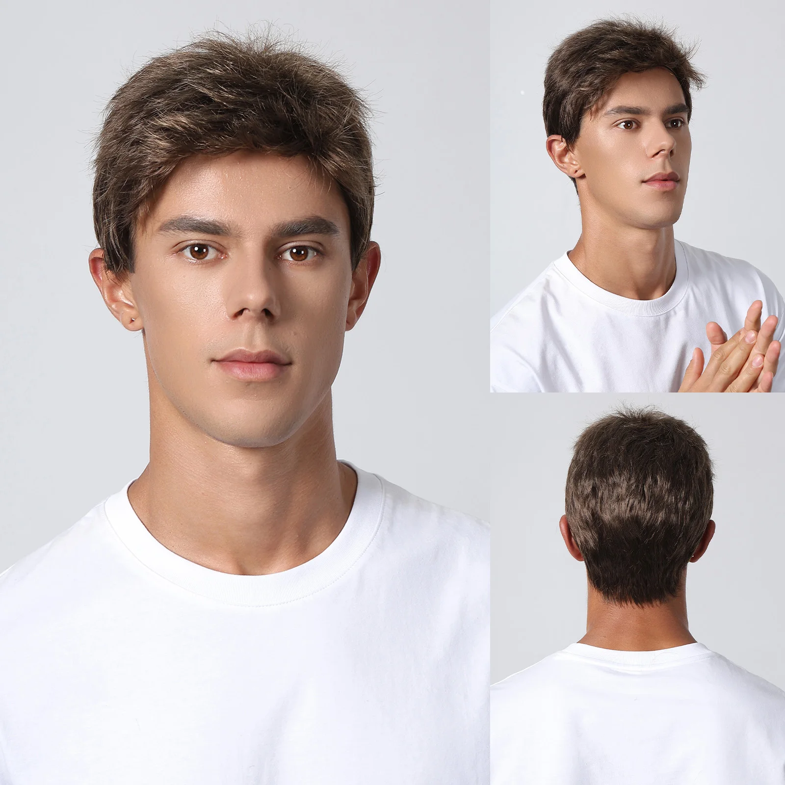 

Темно-коричневый модный мужской парик с короткой стрижкой пикси, парики из синтетических волос, пушистые многослойные накладные волосы для мужчин, вечерние парики из волокна для косплея