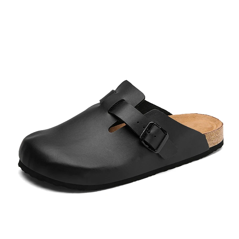 Mannen Vrouwen Gesloten Teen Brede Kurk Slippers Slip Op Glijsandalen Klompen PU Lederen Muilezels Slides Outdoor Indoor Zacht Voetbed