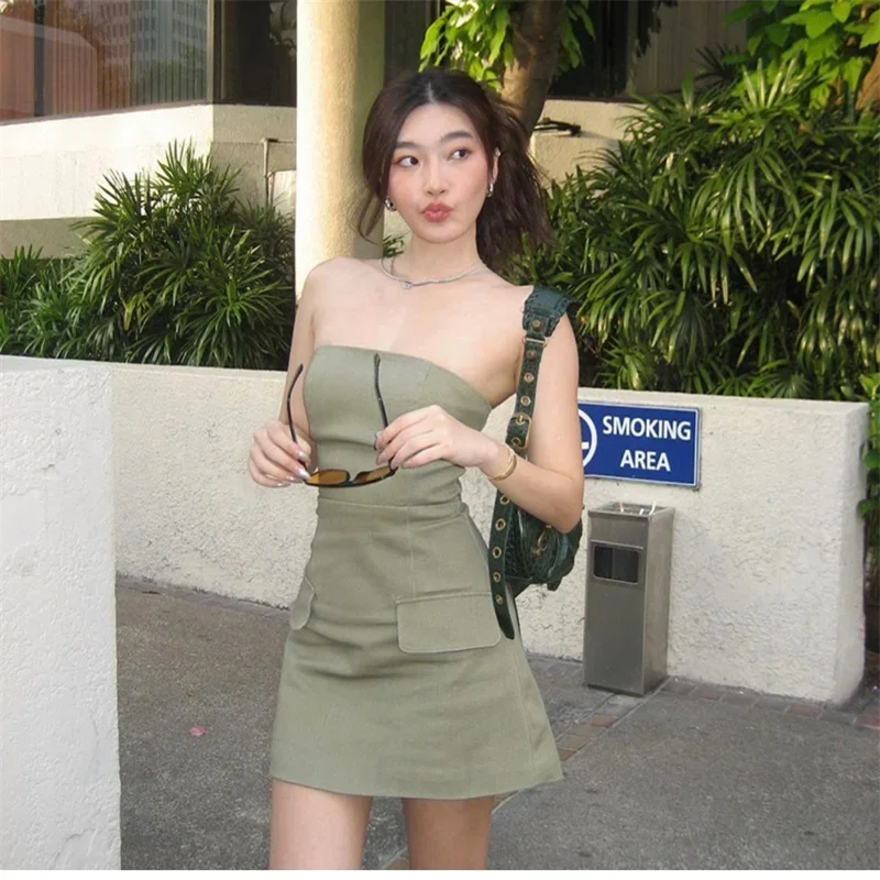 Sexy Chest Wrapped Strapless Dress for Women 2024 New Backless Tie Up Waist Slim Short Dress High Street Army Green Club Outfits