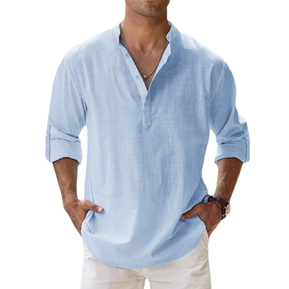 Cotton Linen Hot Sale Men\'s Short-Sleeved Shirts Summer Solid Color Henley Collar Casual Beach Style Hawaiian Vacation