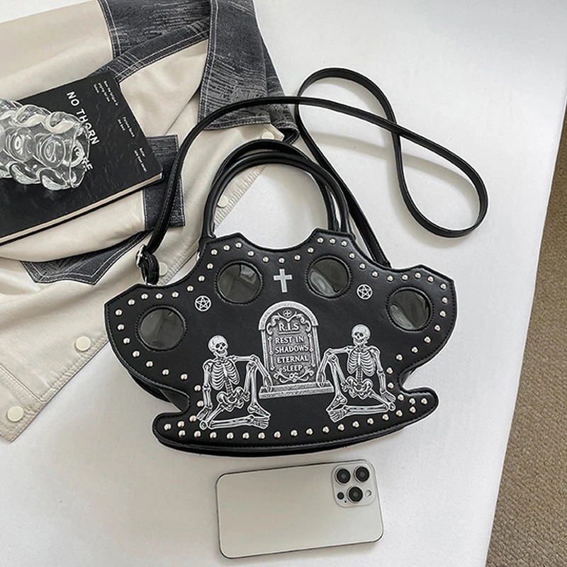 Halloween Totenkopf-Kreuz-Print Umhängetasche, Damen Gothic Nieten-Dekorations-Handtasche, Y2k Mädchen Stilvolle Einzigartige Tragetasche – Detail 9