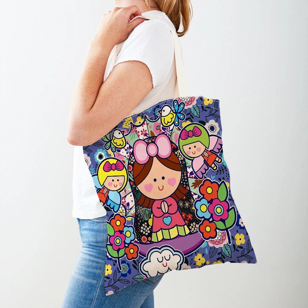 Ladies Shopping Bags Cartoon Virgin Mary Series Handbag Foldable Reusable Cloth Shopper Bag Harajuku Style Student Canvas Tote
