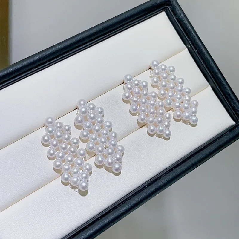 

SGARIT Genuine Akoya Pearl Stud Earrings for Women 18K Gold 925 Silver Rhombus Multi-Row Pearl for Party Christmas Classic