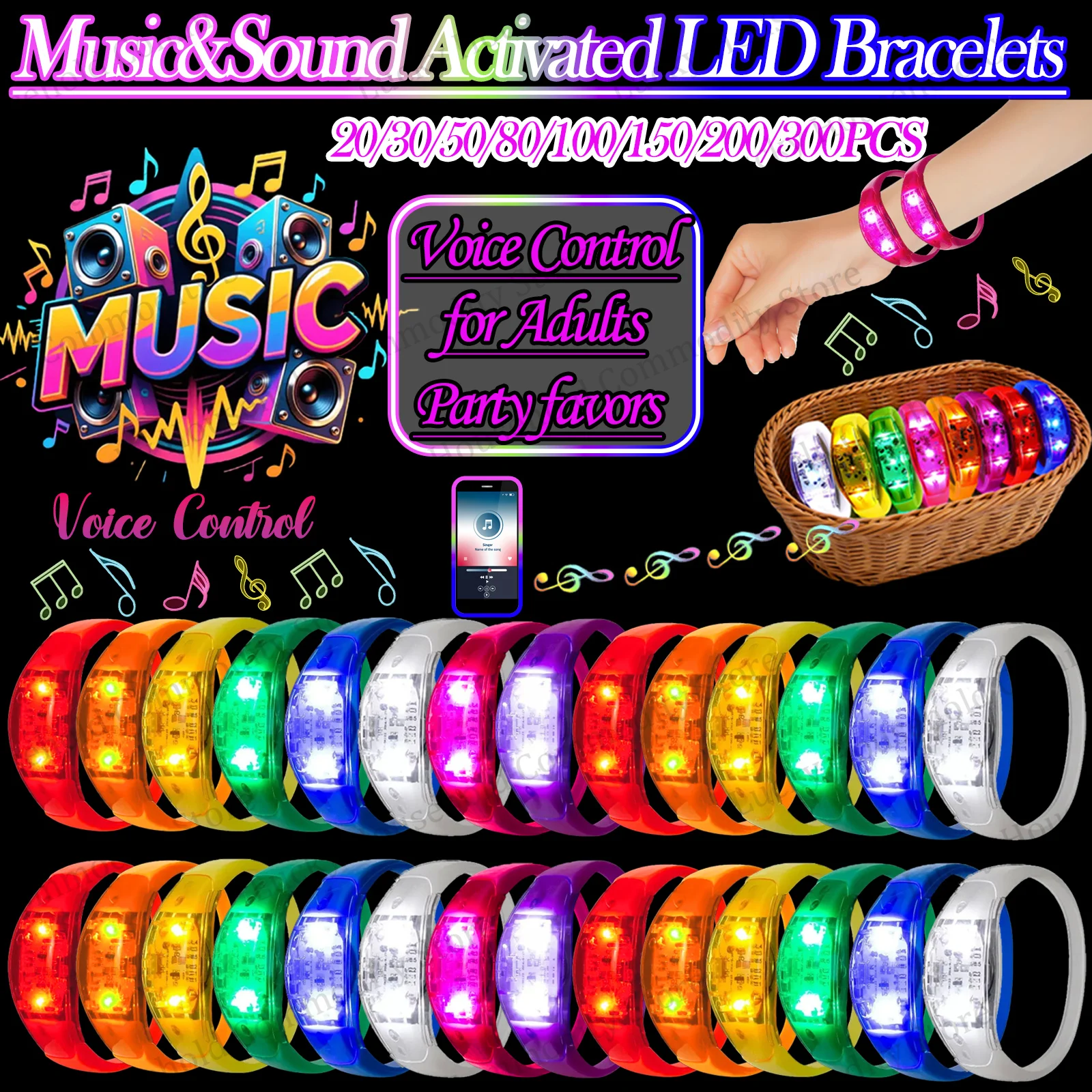 

20-300 шт. светящихся браслетов с LED-подсветкой, активируемых музыкой и звуком, мигающие браслеты для концертов и вечеринок