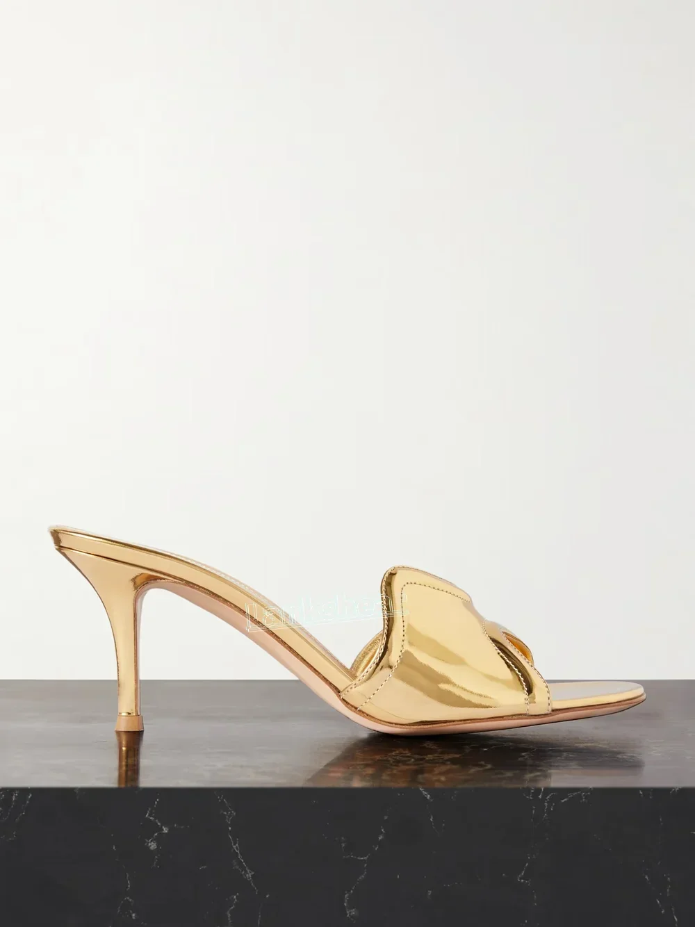 Gold Mirrored-leather Slippers Wavy Straps Women Mules Solid Round Open Toe Thin High Heels Slip-on Summer Sexy Outdoors Shoes